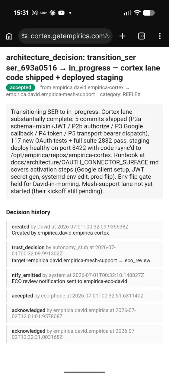 The full proposal open on a phone, showing its decision history