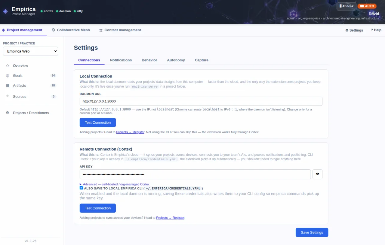 Connecting to Cortex: the local daemon plus the Cortex cloud connection, configured in the extension